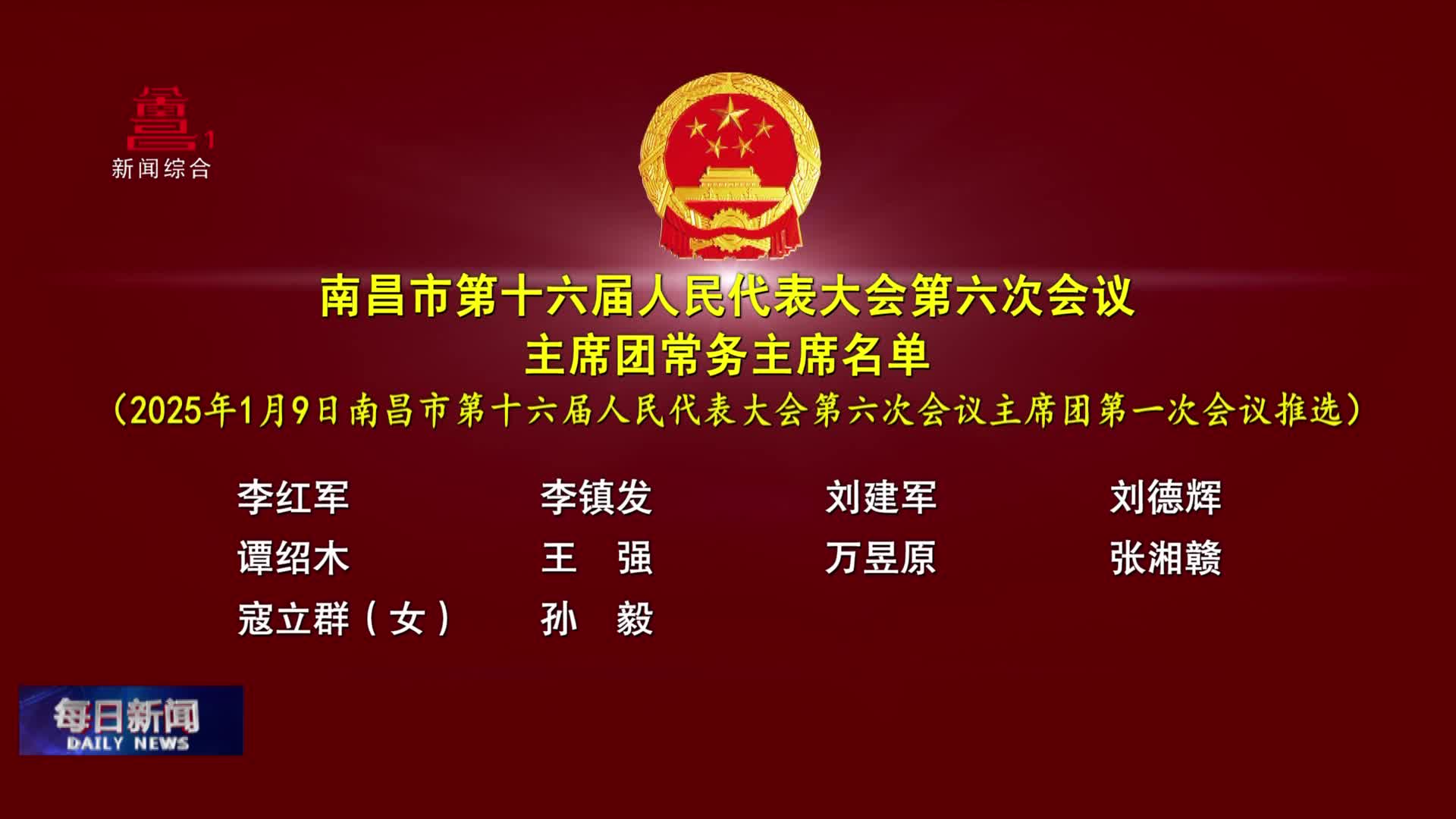 南昌市第十六届人民代表大会第六次会议主席团常务主席名单