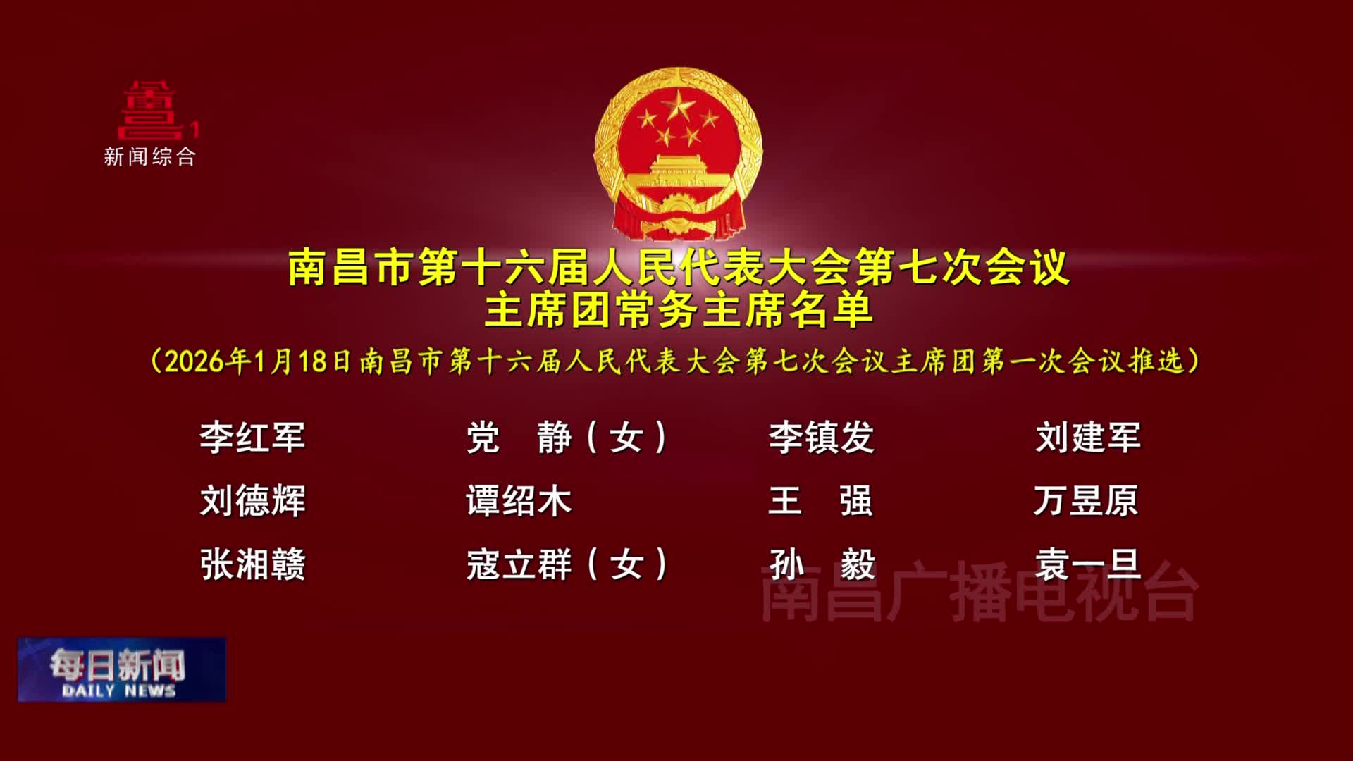 南昌市第十六届人民代表大会第七次会议主席团常务主席名单